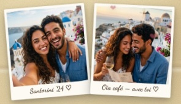 Aperçu dans la lettre : deux photos en polaroïds se posent sur le papier, avec leur légende manuscrite